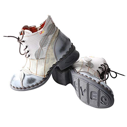 TMA EYES Women's Ankle Boots Low Heel Lace-up Side Zipper Fashion Leather Booties(White,6)