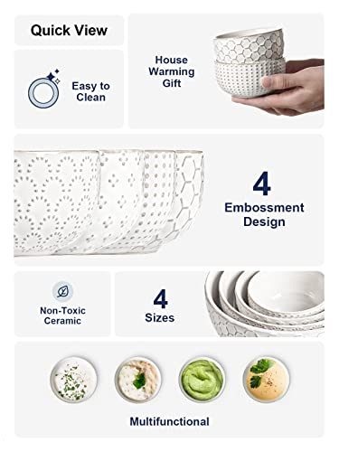 LE TAUCI Small Bowls 7 OZ, Ceramic Embossment Stoneware Bowl for Dipping, Side Dish, Sauce, Appetizer, Dessert, Sushi, Suit For House-warming - 3.5 inch, Set of 4, Arctic white