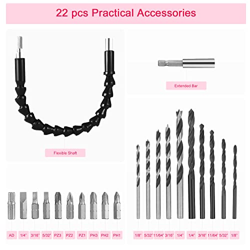 AVID POWER Cordless Drill Pink, 12V Power Drill Set with 22pcs Impact Driver Bits, 2 Variable Speed, 3/8'' Keyless Chuck, 15+1 Torque Setting (Pink)