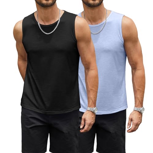 hawalili Men's 2 Pack Workout Tank Top Sleeveless Casual Running Gym Muscle Bodybuilding Casual Tees Black/Army Green,S