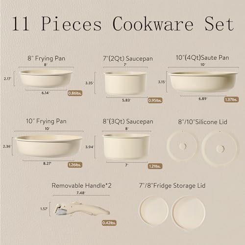 CAROTE 11pcs Pots and Pans Set, Nonstick Cookware Set Detachable Handle, Induction Kitchen Cookware Sets Non Stick with Removable Handle, RV Cookware Set, Oven Safe, Greige Beige