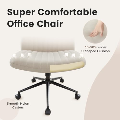 IWMH Armless Wide Seat Office Chair, Criss Cross Legged Desk Chair with Wheels, Height Adjustable Computer Task Chair,Wide Seat Swivel Vanity Chair for Home,Office,Bedroom, Make Up, Small Space,Beige