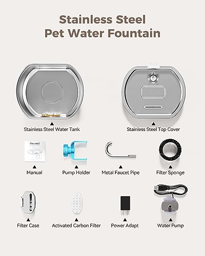 Cat Water Fountain Stainless Steel: 108oz/3.2L Cat Fountain for Drinking- Pet Water Fountain for Cats Inside - Automatic Cat Water Dispenser Bowl - Cat Feeding & Watering Supplies - Water Level Window