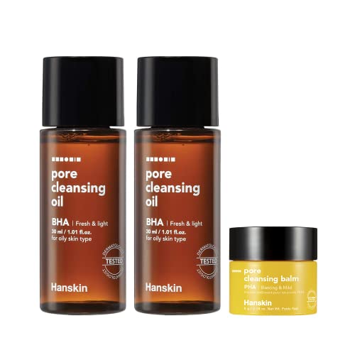 Hanskin BHA Pore Cleansing Oil and PHA Cleansing Balm, Sample Trial Size, Travel Size Mini Makeup Remover Set, Gentle Blackhead Cleanser for Combination and Oily Skin [30 ml/Pack of 2] + [8g/PHA Balm]
