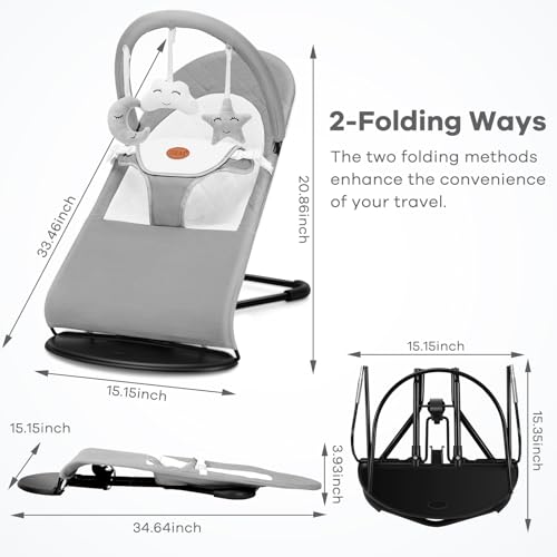 HKAI Baby Bouncer, Portable Baby Bouncer Seat for Babies 0-18 Months, 100% Cotton Fabrics, 3 Modes of use with Rocker and Stationary Options, Infant Rocker Chair with Hanging Toys-Dark Grey