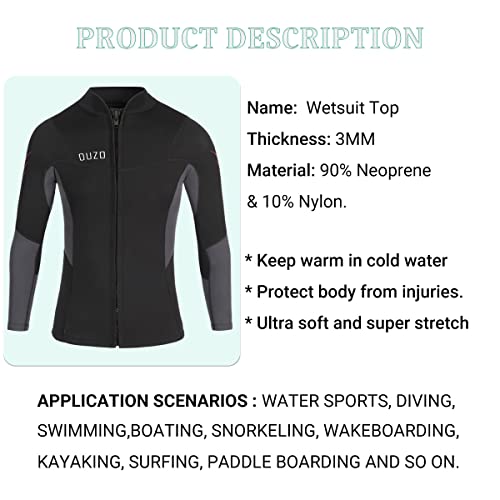 Wetsuit Top 3mm Wetsuit Jacket Men Front Zip Long Sleeve Diving Suit for Swimming Surfing Snorkeling Kayaking Scuba Diving TS3005-M