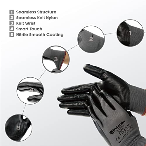 ANDANDA 120 Pairs Work Gloves, Smart Touch, 3D Comfort Stretch Fit, Nitrile Coated Work Gloves with Grip, Seamless Knit Nylon Work Gloves Men Suitable for Warehousing, Logistics, Handling, Black（M）