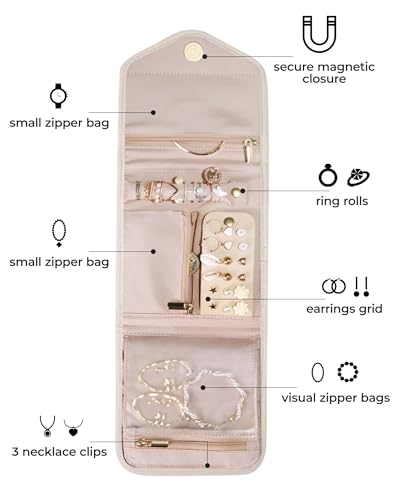 BAGSMART Travel Jewelry Organizer Case Foldable Jewelry Roll for Journey-Rings, Necklaces, Earrings, Bracelets,Mini,Beige