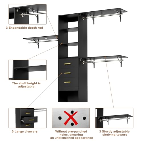 LOVMOR Built-in/Walk-in Closet System 8ft with Drawers and Shelves, 96inch Customizable Organizers and Storage Systems, Wall Mounted Wardrobe for Clothes Organization W/Expandable Rod