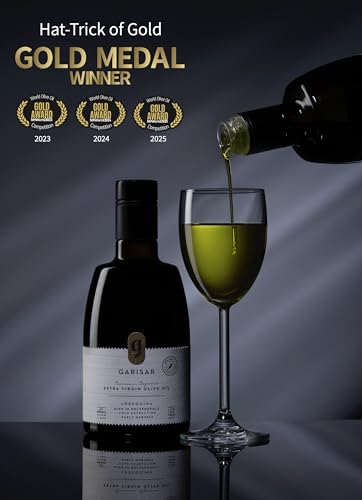 Garisar High In Polyphenol Premium Extra Virgin Olive Oil (>600 ppm), Low Acidity (Max 0.2%), NYIOOC 2025 Gold Medal Winner, Organic Agriculture Hand Picked, Cold Pressed, 100% Arbequina - Pack of 1