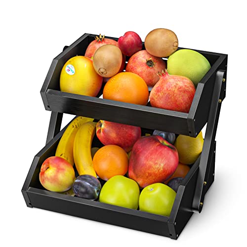 G.a HOMEFAVOR Fruit Basket: 2-Tier Acacia Wood Fruit Bowl for Kitchen, Fruit Stand Storage Holder for Vegetables and Snack Home Kitchen Countertop Organizer (Self-assembly)