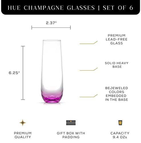 JoyJolt HUE Stemless Champagne Flutes Set of 6 Colored Glasses. 9.4oz Champagne Glasses. Prosecco Wine Flute, Mimosa Glasses Set, Cocktail Glass Set, Stemless Glasses, Crystal Glasses, Bar Glassware