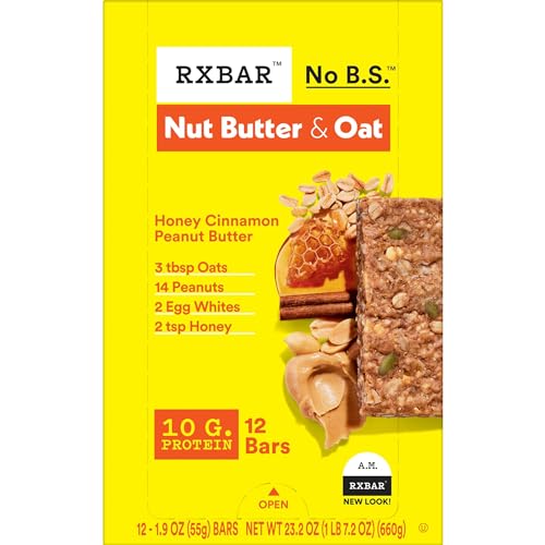 RXBAR Nut Butter and Oat Protein Bars, Protein Snacks, Snack Bars, Honey Cinnamon Peanut Butter, 23.2oz Box (12 Bars)