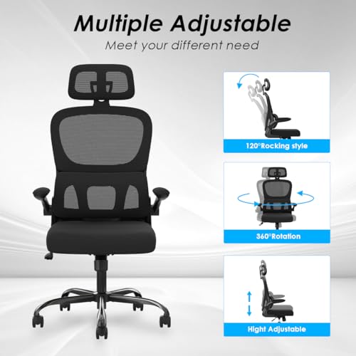 Soohow Ergonomic Home Office Chair, Mesh Desk Chair with Lumbar Support, Comfy Computer Desk Chair with Flip Armrest Rolling Wheels, Black.