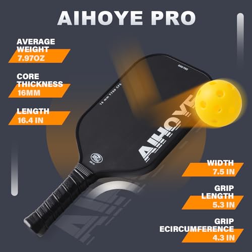 Aihoye PRO Pickleball Paddles- Raw T700 Carbon Fiber Textured Surface (CFS) with High Grit & Spin, Pickleball Paddles with 16MM Polypropylene Honeycomb Core, USAPA Approved