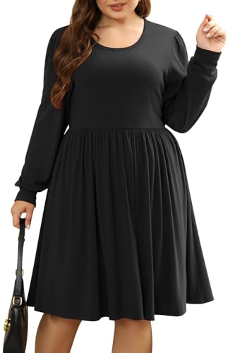 Keluummi Plus Size Women's Flowy Casual Midi Dress with Puffy Sleeves and Pockets - Cozy for Holidays(KEL6021,16,Grey)