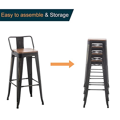 Alunaune 24" Industrial Metal Bar Stools Set of 4 Counter Height Barstools Kitchen Bar Chairs with Modern Wooden Seat, Distressed Gold Black