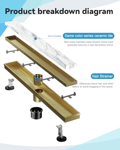 HTOH Shower Drain, 2 in 1 Linear Shower Drain 72 Inch(Brushed Nickel), 304 Stainless Steel Shower Floor Drain with Tile Insert Grate,Adjustable Feet,Hair Filter