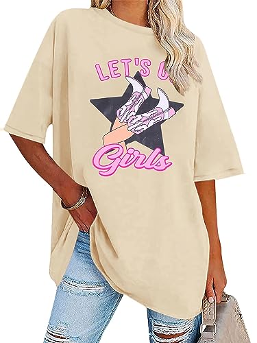 Let's Go Girls T Shirt Western Cowgirls Graphic Shirts Retro Country Music Tee Bridal Wedding Vacation Oversized Top Apricot