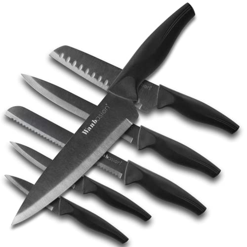 Wanbasion Black Professional Kitchen Knife Chef Set, Stainless Steel, Dishwasher Safe with Sheathes