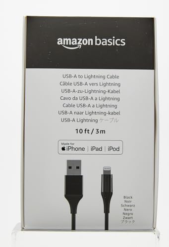 Amazon Basics - USB-A to Lightning ABS Charger Cable (10 feet), MFi Certified for Apple iPhone 14 13 12 11 X Xs Pro, Pro Max, Plus, iPad, 10,000 Bend Lifespan, Black