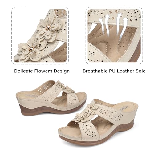 TEMOFON Womens Wedge Sandals Leather: Casual Dressy Women Beige Summer Platform Wedge Sandals Slip on Low Heels Comfortable Walking Size 6