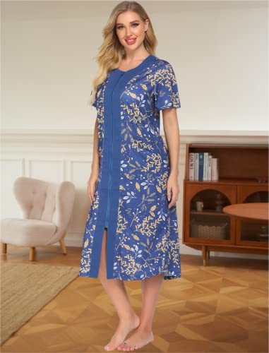 Ekouaer Women Zipper Front Nightgown Short Sleeve Housecoat Cotton Printing Housedress Full Length Robe with 2 Pockets L