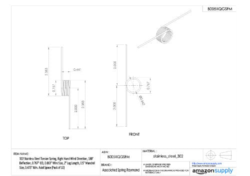 302 Stainless Steel Torsion Spring, Right Hand Wind Direction, 180° Deflection, 0.767" OD, 0.063" Wire Size, 2" Leg Length, 0.5" Mandrel Size, 0.475" Min. Axial Space (Pack of 10)