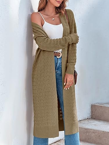 ZoeAce Womens Crochet Maxi Cardigan Sweaters Open Front Knit Long Sleeve Lightweight Duster Cardigan Casual Winter Outfits Yellow