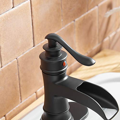 BWE Waterfall Bathroom Faucet Matte Black Bathroom Sink Faucet with Pop Up Drain Single Handle Deck Plate for 1 or 3 Hole Vanity Farmhouse Mixer Tap Fits All States, California 1.2 GPM Standard