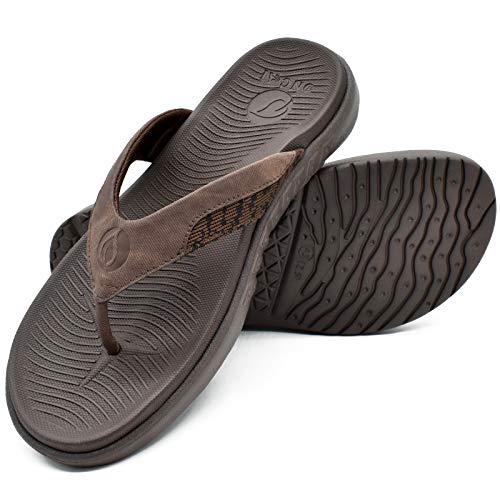 ONCAI Sandals for Men, Comfort Orthotic Plantar Fasciitis Beach Sport Athletic Soft Flip Flops with Yoga Foam Arch Support Brown Size 14