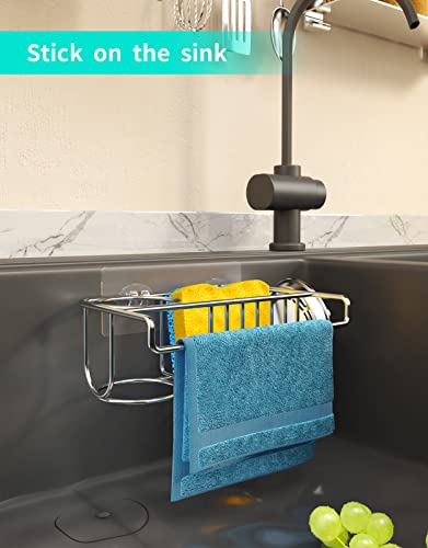 HapiRm 4 in 1 Adhesive Sink Caddy Sponge Holder, SUS304 Stainless Steel Sink Basket Brush Holder + Dish Cloth Hanger + Soap Rack + Sink Stopper Holder + Sponge Holder for Kitchen Sink - Silver