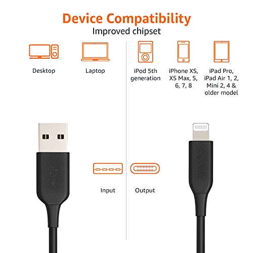 Amazon Basics USB-A to Lightning ABS Charger Cable, MFi Certified Charger for Apple iPhone 14 13 12 11 X Xs Pro, Pro Max, Plus, iPad, 6 Foot, Black