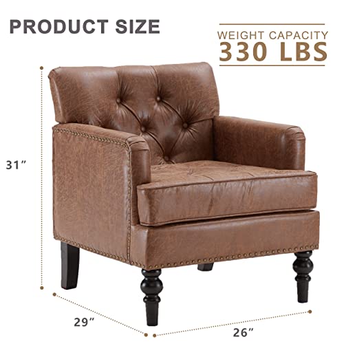 Iroomy Accent Chair for Living Room, Mid Century Modern Armchair with Thick Cushion and Wood Frame, Comfy Reading Sofa Chair for Bedroom, Brown