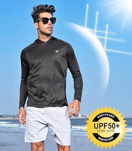 NORTHYARD Men's UPF 50+ Hoodie Shirts Rash Guard Long Sleeve Sun Protection SPF Swim Shirt UV for Running Hiking Fishing KHAKIGREEN M