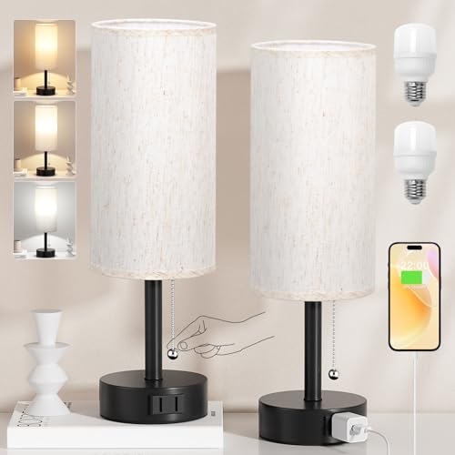 Fenmzee White Silver Bedside Table Lamps Set of 2-3 Color Temperatures Pull Chain Lamp with AC Outlet Charging Port, Two Round Night Stand Lamps for Bedroom, Small Bed Side Light with E26 LED Bulbs