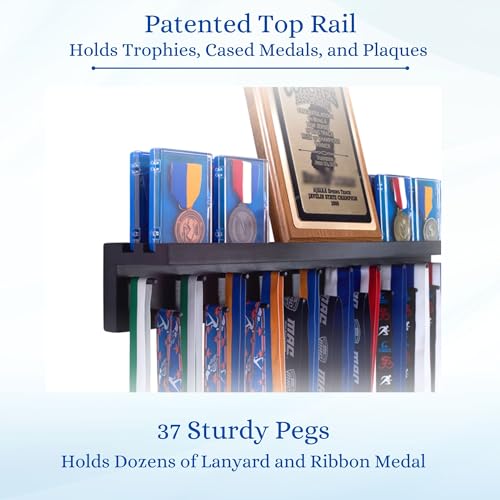 4ft- Medal Awards Rack Premier Medal Hanger Display Rack and Trophy Shelf for Gymnastics, Soccer, Basketball, Football, and More. The Largest Medal and Award Display- 48” - Black