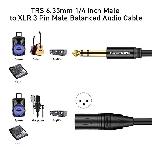 DREMAKE 3 Foot TRS Stereo 6.35mm 1/4 Inch to XLR Balanced Mic Cable Male to Male Audio Patch Cord for Speakers, Amplifier