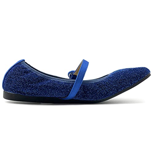 Ollio Women's Shoes Glitter Basic Mary Jane Elasticated Square Toe Ballet Flat SF1740 (6 B(M) US, Blue)