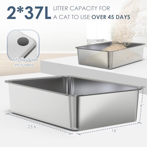 2 Pack 23.6" x 15.7" x 6" Deep & Extra Large Stainless Steel Cat Litter Boxes, High Sides Metal Cat Litter Box for Multi-Cats Big Cats XL Metal Litter Pan Tray, Non-Sticky, Easy Cleaning
