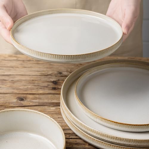 MONITO Ceramic Dinnerware 16 Pieces Bonbon Beige Dinner Set,Plates Pasta Bowls Cereal Bowls Reactive Change Glaze Dish Sets, Modern Stoneware Dishes,Gift.