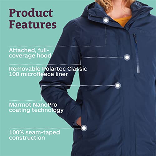 MARMOT Women's Ramble Component Jacket - 3-in-1 Waterproof Shell with Hood and Breathable Polartec Fleece Liner, Arctic Navy, X-Small