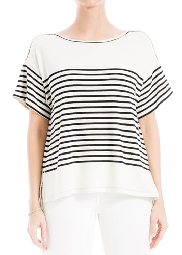 Max Studio Women's Stripe Short Sleeve Knit Blend Top US X-Small, Cream/Black