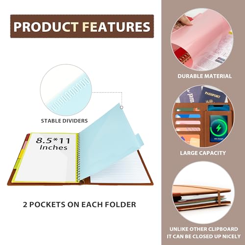 Brown Leather Spiral Clipboard Folio with Storage for Men, Portfolio 5 Folders with 10 Pockets, Foldable Organizer Binder with Elastic Strap Notepad