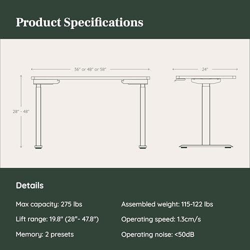 Branch Duo Standing Desk 36 Inches - Adjustable Standing Desk with 20” Range - OLED Control Panel - Frameless Design & Compact Size Suitable for Many Spaces - Charcoal Base - Charcoal Top