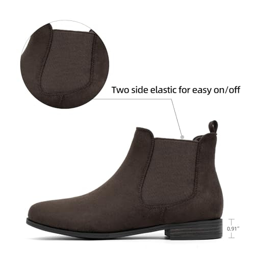 VJH confort Women's Slip on Ankle Boot, Western Almond Round Toe Low Heel Elastic Chelsea Bootie (Brown suede,11)