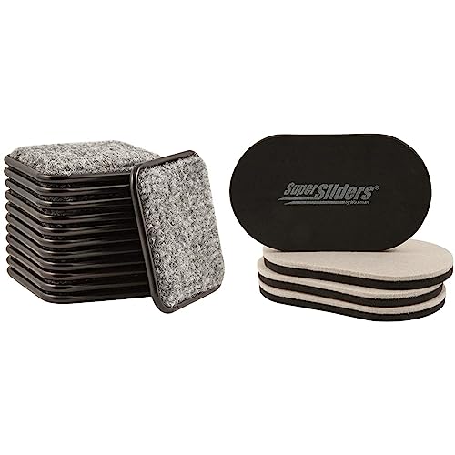 SoftTouch 2 1/2'' Square Reusable Carpet Bottom Furniture Caster Cups to Protect Hardwood & Super Sliders 3 1/2'' x 6'' Oval Reusable Furniture Sliders for Hard Surfaces