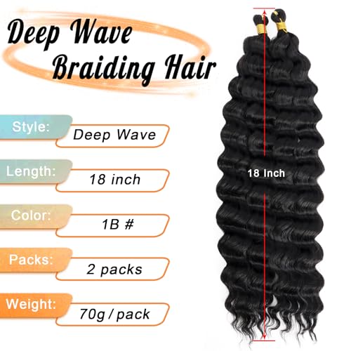 Eerya Long Curly Braiding Hair 18 Inch 2 Packs Ocean Wave Crochet Hair for Black Women Deep Wave Braiding Hair for Boho Braids（18 inch, #350）