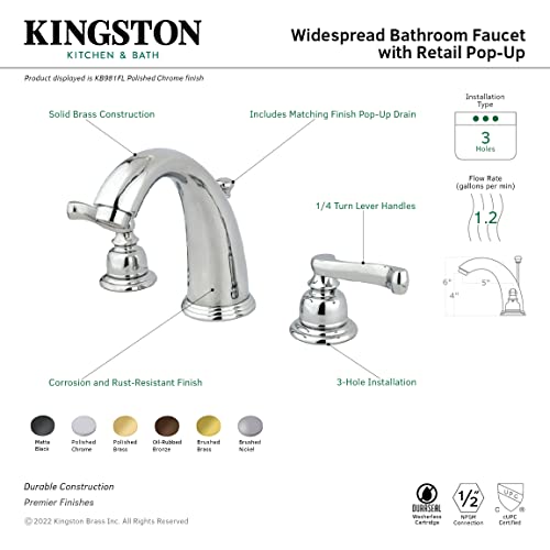 Kingston Brass KB988FL Royale Widespread Lavatory Faucet with Brass Pop-Up, Brushed Nickel,8-Inch Adjustable Center