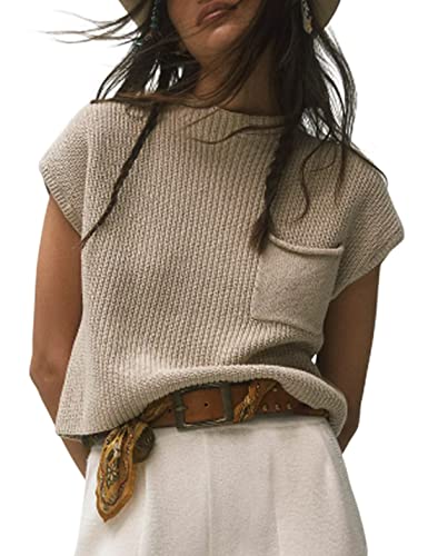 UANEO Sweater Vest Women Mock Neck Casual Cropped Knit Pullover Cap Sleeve Sweater for Women Top Spring(Apricot-S)